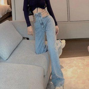 Cross-chain hollow wide-leg women's jeans